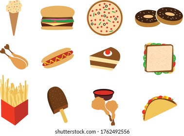 Collection of icons showing common food items in color