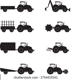 Collection of icons showing tractor assembly for agriculture and farming