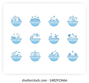 Collection of icons showing various natural scenes/views in filled outline style, with dual tone fill colors.