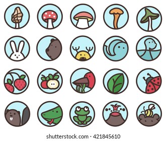 Collection of icons and signs connected with summer: animals, insects, mushrooms, trees in a flat plain style.
