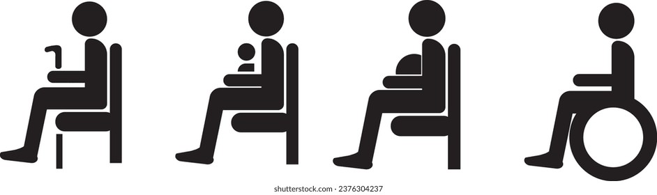 A collection of icons for sitting in public transport: an old person with a cane, a wheelchair user, a woman with a child in her arms, a pregnant woman. People on a transparent background