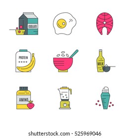 Collection of icons with sport nutrition objects. Healthy food. Gym and workout diet symbols made in vector - protein shake, amino powder.