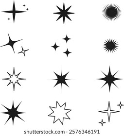 A collection of icons of stars and sparks. A set of star shapes. Abstract symbols are ideal for designing posters, projects, banners, logos. Vector illustration.