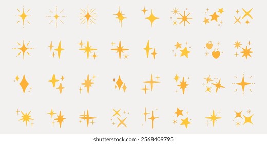 Collection of icons. Stars in various shapes, star patterns, and star designs. Yellow stars, star symbols, and star graphics on a white background. Element vector set.