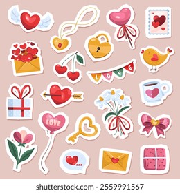 Collection of icons or stickers for Valentines day. Vector clip arts. Love and romance symbols set. Decorative elements of jewelry, lock and key, balloon, bouquet, envelope with hearts, gift box.