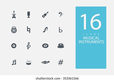 collection of icons in style flat gray color on topic musical instruments