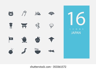 collection of icons in style flat gray color on topic Japan