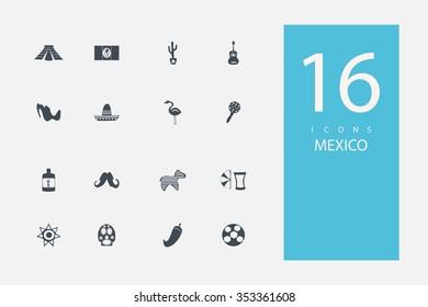 collection of icons in style flat gray color on topic Mexico