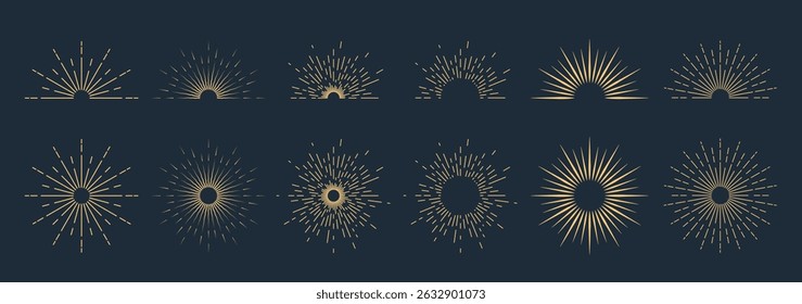 A collection of icons of sun rays and sunsets on a dark background. A sunbeam with lines, sunset. Retro logo in the form of a semicircle with radial rays. A star-shaped sunrise. Vector Eps 10.
