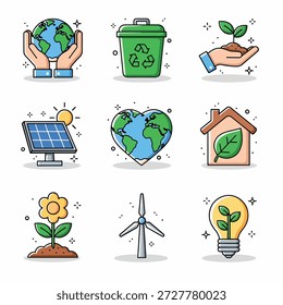 Uma coleção de ícones que simbolizam a conservação ambiental, a energia renovável e um estilo de vida verde.