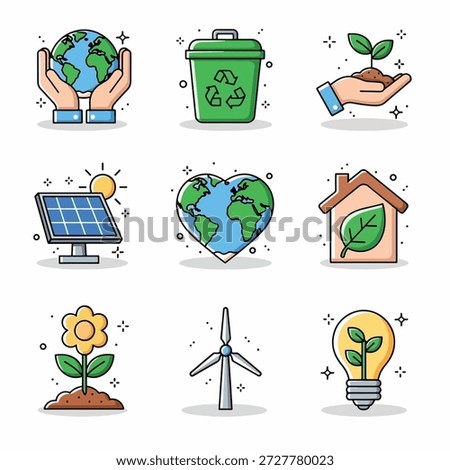 A collection of icons symbolizing environmental conservation, renewable energy, and a green lifestyle.