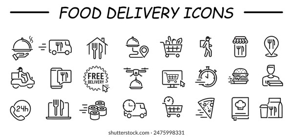 Collection of icons symbolizing food delivery, ordering meals, shopping online. Contains such Icons as Courier on the bike, Food Box, Contactless Delivery and more.