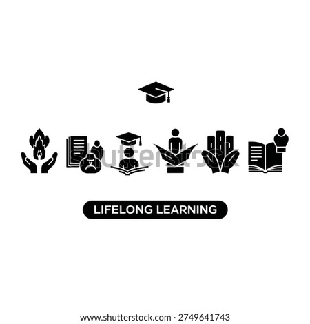 A collection of icons symbolizing lifelong learning, education, knowledge acquisition, and personal growth.