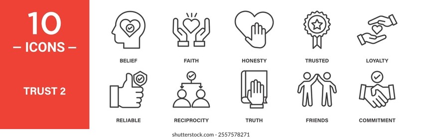 A collection of icons symbolizing trust, belief, honesty, loyalty, reliability, faith, commitment, and friendships with visual emphasis on connection and integrity