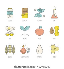 Collection of icons with symbols of different diets - vegetarian, gluten free, seafood, lactose free. Vector line style collection. Food intolerance symbol set.