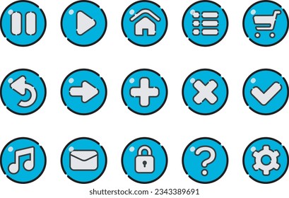a collection of icons with symbols for a web design. Set of buttons for games, applications and websites. Cute cartoon buttons design. Isolated vector.