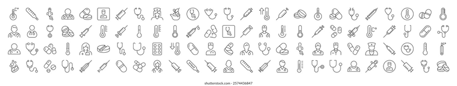 Collection of Icons of Syringe, Stethoscope, Pills, Thermometer, Doctor Drawn with Thin Line for apps, web sites, banners, infographics and other types of design