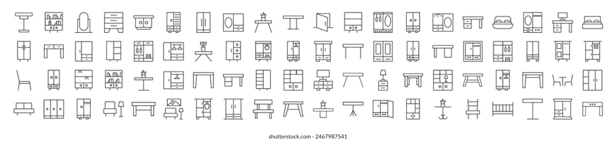Collection of icons of Tables and Closets for Advertisement. Suitable for books, stores, shops. Editable stroke in minimalistic outline style. Symbol for design 