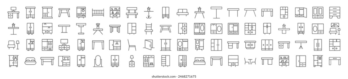 Collection of Icons of Tables and Closets for Shops and Stores. Suitable for books, stores, shops. Editable stroke in minimalistic outline style. Symbol for design 