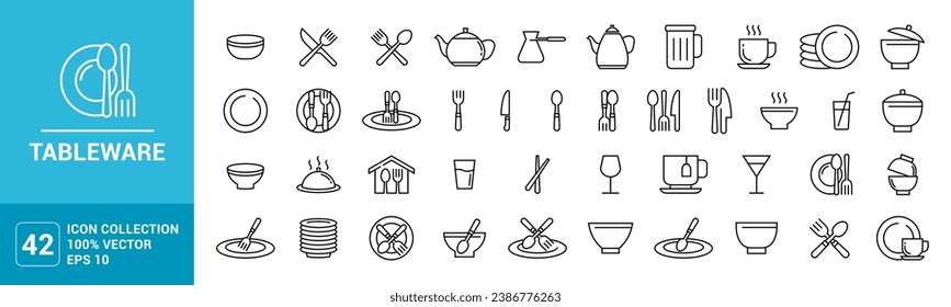 Collection of icons for tableware, cutlery, glass, plate, spoon, fork, vector editable and resizable EPS 10