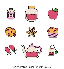 Collection of icons Tea Party - food and drink. Muffins, tea, jam. Rosehip and apple. Vector illustration