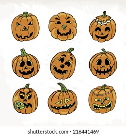 Collection of icons with a terrible pumpkin faces. Vector illustration