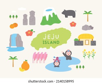 Colección de íconos que simbolizan la isla Jeju. ilustración vectorial de estilo de diseño plano.