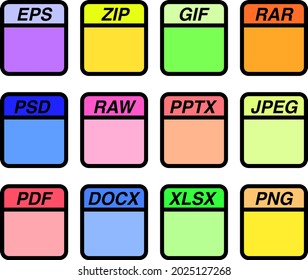 a collection of icons with themes of various file extensions, namely , rar, zip, pdf, psd, eps, docx, xlsx, and various other extensions with different color indicators