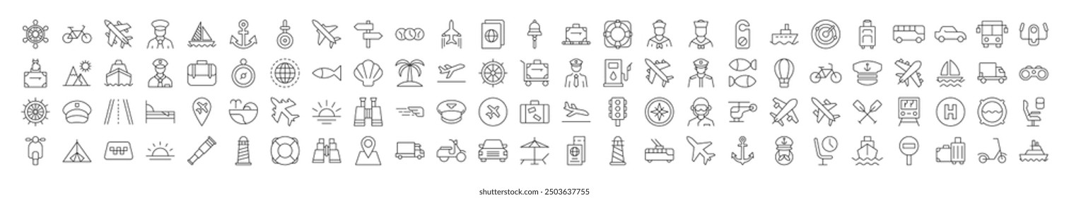 Collection of icons of tourism, travel, vacation, aviation for Advertisement. Suitable for books, stores, shops. Editable stroke in minimalistic outline style. Symbol for design