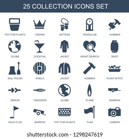 collection icons. Trendy 25 collection icons. Contain icons such as pot for plants, crown, mittens, pendulum, hummer, globe, Cocktail, jacket. collection icon for web and mobile.