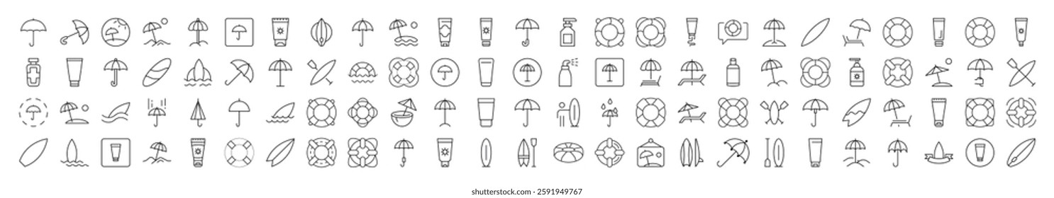 Collection of Icons of Umbrella, Sunscreen, Surfboard, Lifeline Drawn with Thin Line for apps, web sites, banners, infographics and other types of design