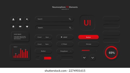 Colección de iconos para el desarrollo de la interfaz de usuario en negro y rojo. Un conjunto de elementos de interfaz de usuario para una aplicación móvil. Botones para dispositivos móviles al estilo neumorfismo, UI, UX. Vector