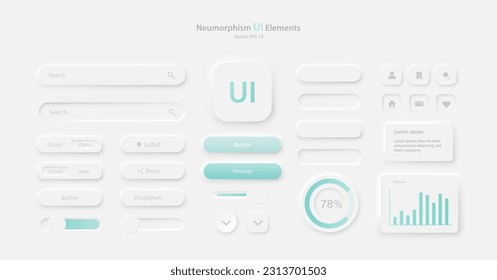 A collection of icons for user interface development in white and green. A set of user interface elements for a mobile application. Buttons for mobile devices in the style of neumorphism, UI, UX.