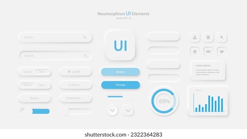 Colección de iconos para el desarrollo de la interfaz de usuario en blanco y azul claro. Un conjunto de elementos de interfaz de usuario para una aplicación móvil. Botones para dispositivos móviles al estilo neumorfismo, UI, UX.