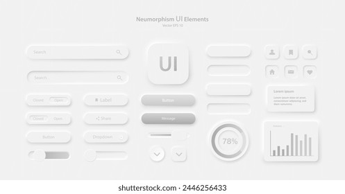 A collection of icons for user interface development in white and gray. A set of user interface elements for a mobile application. Buttons for mobile devices in the style of neumorphism, UI, UX. Vecto