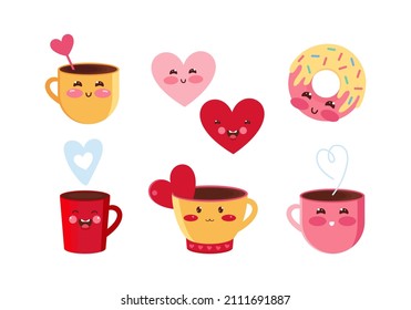 Collection of icons for Valentines Day. Funny love cups mugs with a hot drink, coffee, tea. Red and pink hearts, couple in love. Sweet cute donut. Drawings for postcard, card, stickers, poster
