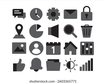 A collection of icons for various apps and services. The icons include a clock, a calendar, a house, a trash can, a key, a person, a smiley face, a trash can, a house, a house, a house
