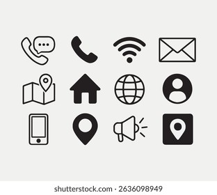 Una colección de íconos para varios App y servicios, incluyendo un teléfono, un mapa, una casa, un globo terráqueo, un micrófono, un altavoz y un sobre