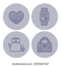 Collection of icons with various aspects of health and wellness. Heart, smartwatch, kettle, and MRI machine scan. Healthy lifestyle concept