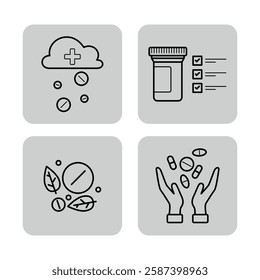 Collection of icons with various aspects of medicine, including pills, prescriptions, and hands holding medication. Health-related themes