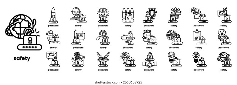 A collection of icons for various computer security features. The icons include a lock, a key, a padlock, and a person. Concept of protecting one's computer and data from unauthorized access