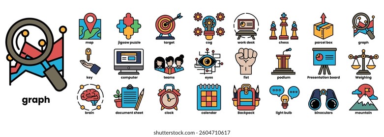 A collection of icons for various concepts and ideas. The icons include a magnifying glass, a clock, a person holding a book, a person holding a microphone, a person holding a computer mouse