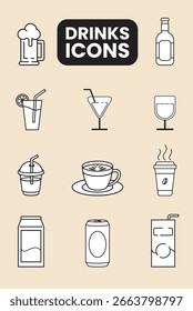Uma coleção de ícones de várias bebidas e bebidas
