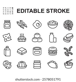 Collection of icons of various foods. Thin line vector. Contains icons such as cheese, milk, burger and more.