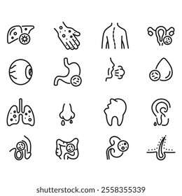 Collection of icons for various internal and general diseases. Thin line vector, containing icons such as indigestion, flu and more.