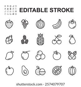 Collection of icons of various kinds of fruit. Thin line vector.