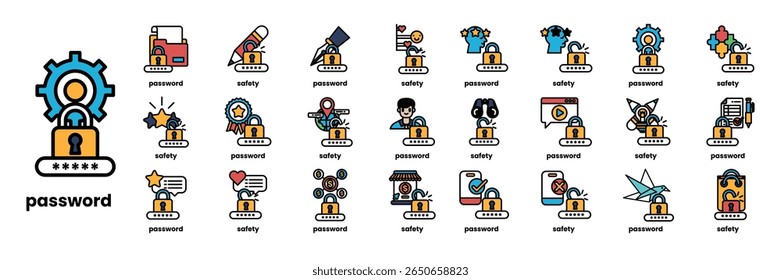 A collection of icons for various security features. The icons include a lock, a key, a padlock, and a person. Scene is one of security and protection