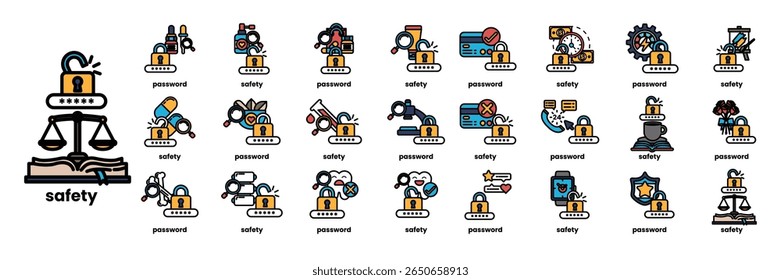 A collection of icons for various security measures. The icons include a lock, a key, a padlock, a book, a scale, a phone, a computer, a credit card, and a wallet