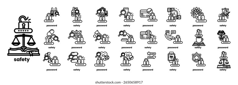 A collection of icons for various security measures. The icons include a lock, a key, a padlock, a computer, a book, a person, and a scale