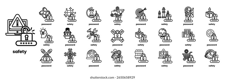 A collection of icons for various security measures. The icons include a key, a lock, a padlock, a computer, a person, and a building. Concept of security and protection, and the mood is serious